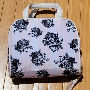 Betsey Johnson Pink and Black Cosmetic Bag with Floral Design